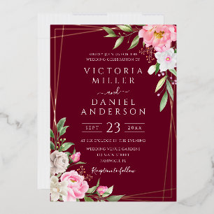 Burgundy Watercolor Floral Geometric Gold Wedding Foil Invitation