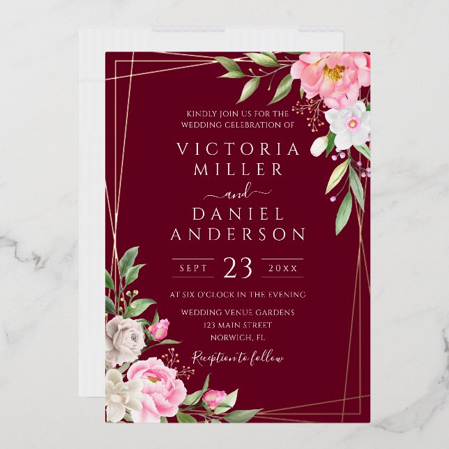 Burgundy Watercolor Floral Geometric Gold Wedding Foil Invitation (Envelope)