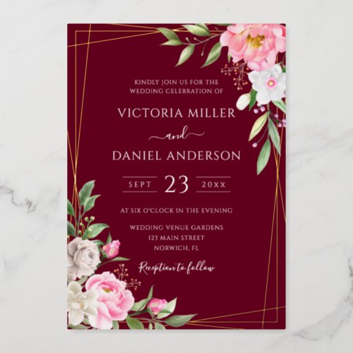 Burgundy Watercolor Floral Geometric Gold Wedding Foil Invitation