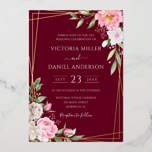 Burgundy Watercolor Floral Geometric Gold Wedding Foil Invitation (Front)