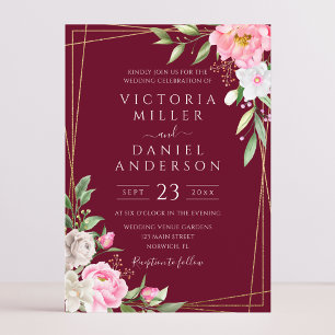 Burgundy Watercolor Floral Geometric Gold Wedding Invitation