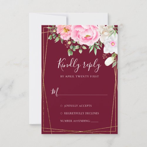 Burgundy Watercolor Floral Geometric Wedding RSVP Card