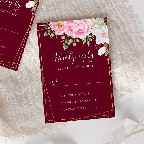 Burgundy Watercolor Floral Geometric Wedding RSVP Card