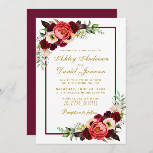 Burgundy Watercolor Floral Gold Boho Wedding GB Invitation