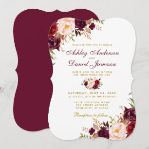 Burgundy Watercolor Floral Gold Bracket Wedding Invitation