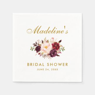 Burgundy Watercolor Floral Gold Bridal Shower Napkin