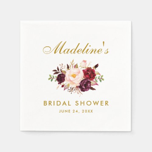 Burgundy Watercolor Floral Gold Bridal Shower Napkins
