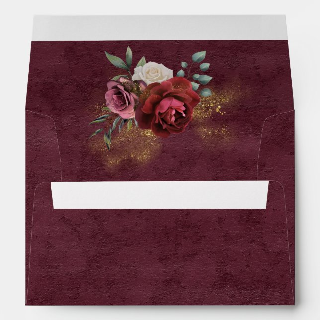 Burgundy Watercolor Floral Gold Glitter Envelope (Back (Bottom))