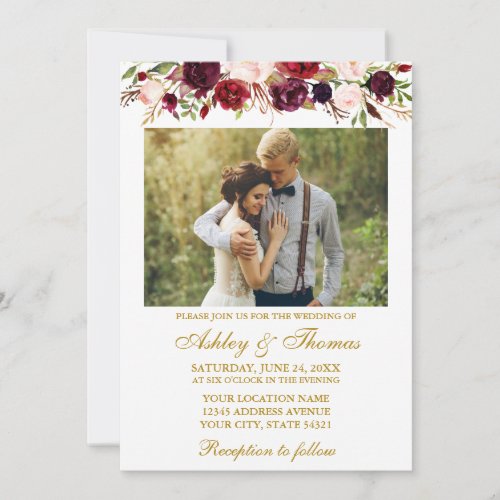 Burgundy Watercolor Floral Gold Photo Wedding Invitation