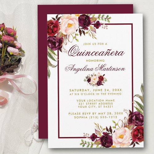 Burgundy Watercolor Floral Gold Quinceanera Invitation