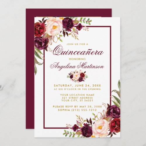 Burgundy Watercolor Floral Gold Quinceanera Photo Invitation