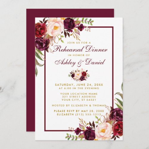 Burgundy Watercolor Floral Gold Rehearsal Dinner Invitation