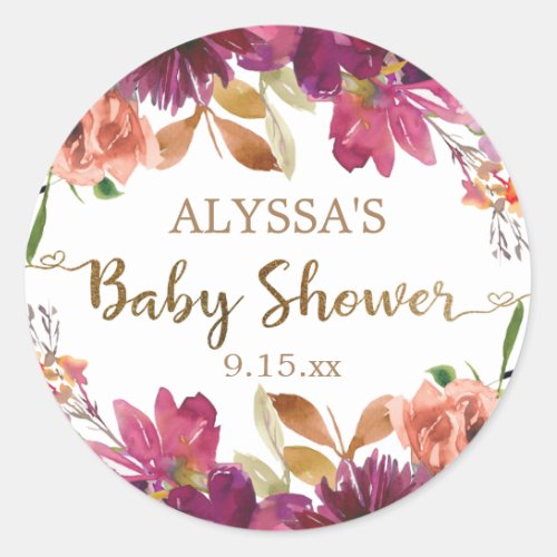 Burgundy Watercolor Floral Gold Script Baby Shower Classic Round Sticker