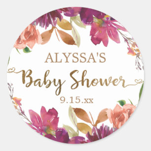 Burgundy Watercolor Floral Gold Script Baby Shower Classic Round Sticker