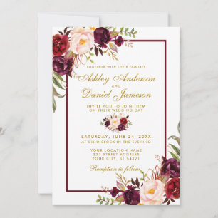 Burgundy Watercolor Floral Gold Wedding Invite BG