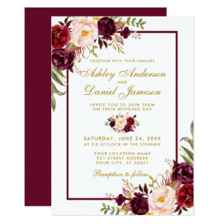 Burgundy Watercolor Floral Gold Wedding Invite BGB