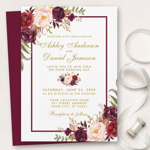 Burgundy Watercolor Floral Gold Wedding Invite BGB