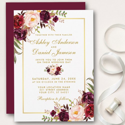 Burgundy Watercolor Floral Gold Wedding Invite GB