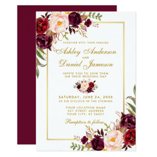 Burgundy Watercolor Floral Gold Wedding Invite GB