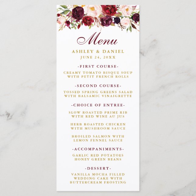 Burgundy Watercolor Floral Gold Wedding Menu (Front)