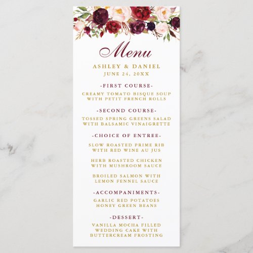 Burgundy Watercolor Floral Gold Wedding Menu