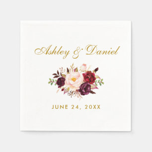 Burgundy Watercolor Floral Gold Wedding Napkins