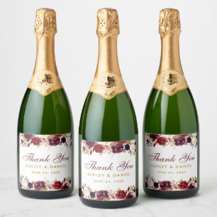 Burgundy Watercolor Floral Gold Wedding Sparkling Wine Label