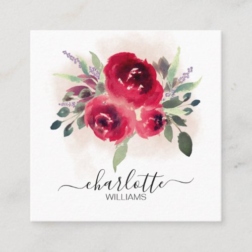 Burgundy Watercolor Floral  Greenery Eucalyptus Square Business Card
