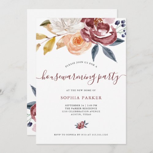 Burgundy Watercolor Floral  Housewarming Party Invitation