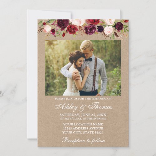 Burgundy Watercolor Floral Kraft Photo Wedding Invitation