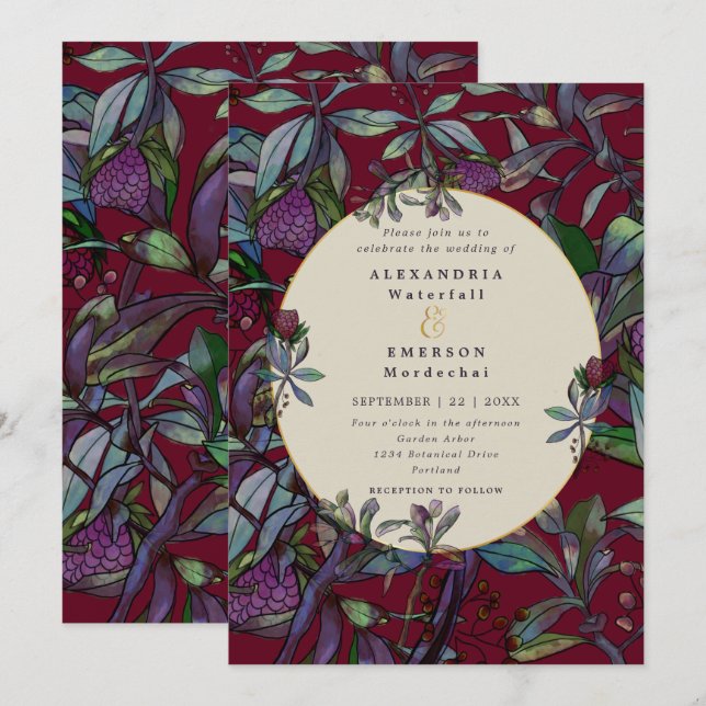 Burgundy watercolor floral leaf gold frame wedding invitation (Front/Back)