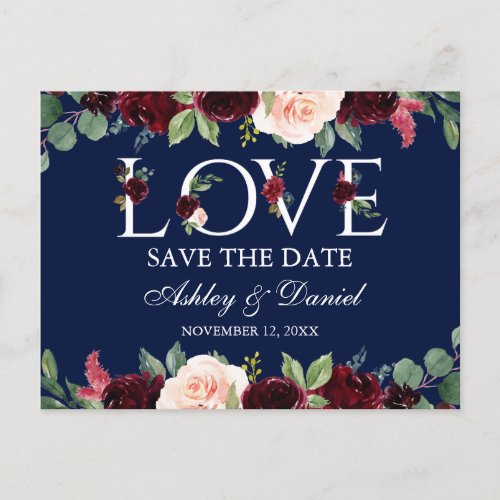 Burgundy Watercolor Floral Love Blue Save The Date Announcement Postcard