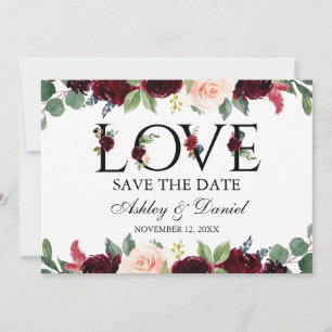 Burgundy Watercolor Floral Love Save The Date