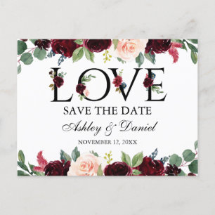 Burgundy Watercolor Floral Love Save The Date Announcement Postcard