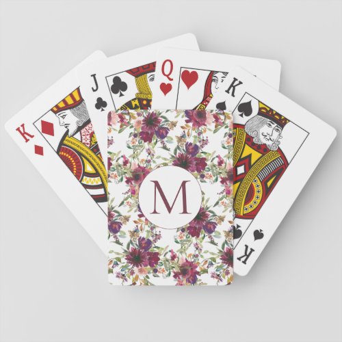 Burgundy Watercolor Floral Monogram Initial Poker Cards