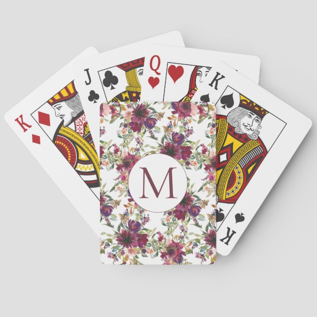 Burgundy Watercolor Floral Monogram Initial Poker Cards (Back)