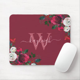 Burgundy Watercolor Floral Name Monogrammed Mouse Pad