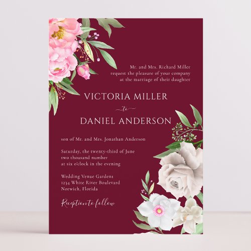 Burgundy Watercolor Floral Peonies Elegant Wedding Invitation