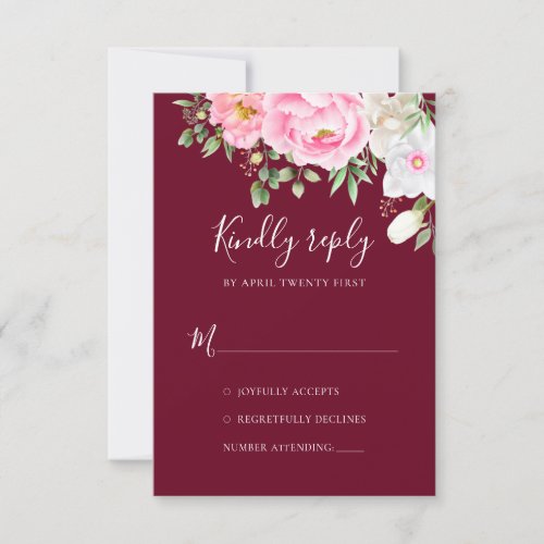Burgundy Watercolor Floral Peonies Elegant Wedding RSVP Card