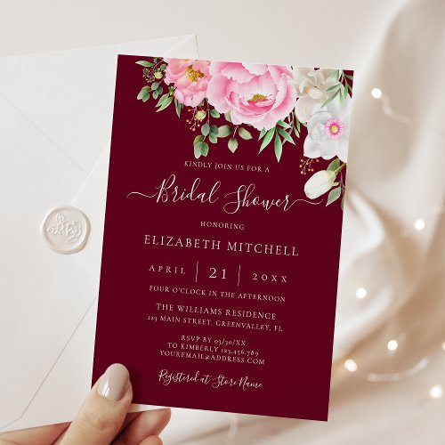 Burgundy Watercolor Floral Peony Bridal Shower Invitation