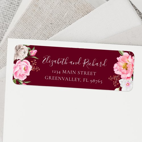 Burgundy Watercolor Floral Peony Elegant Address Label