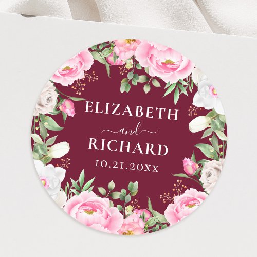 Burgundy Watercolor Floral Peony Elegant Wedding Classic Round Sticker