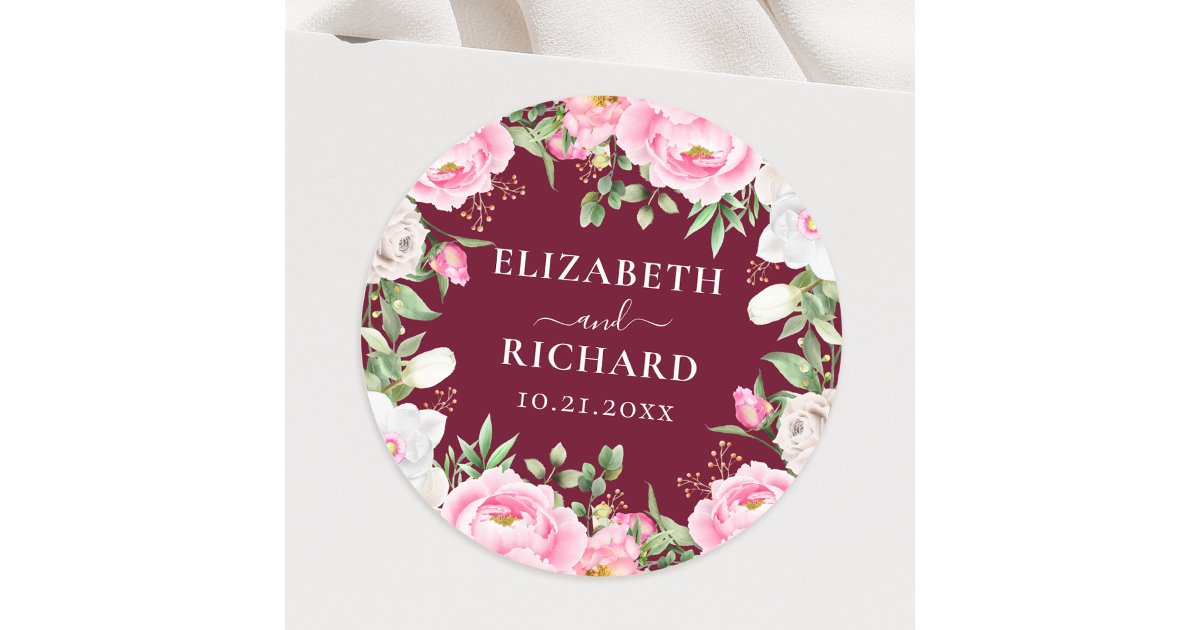 Burgundy Watercolor Floral Peony Elegant Wedding Classic Round Sticker ...