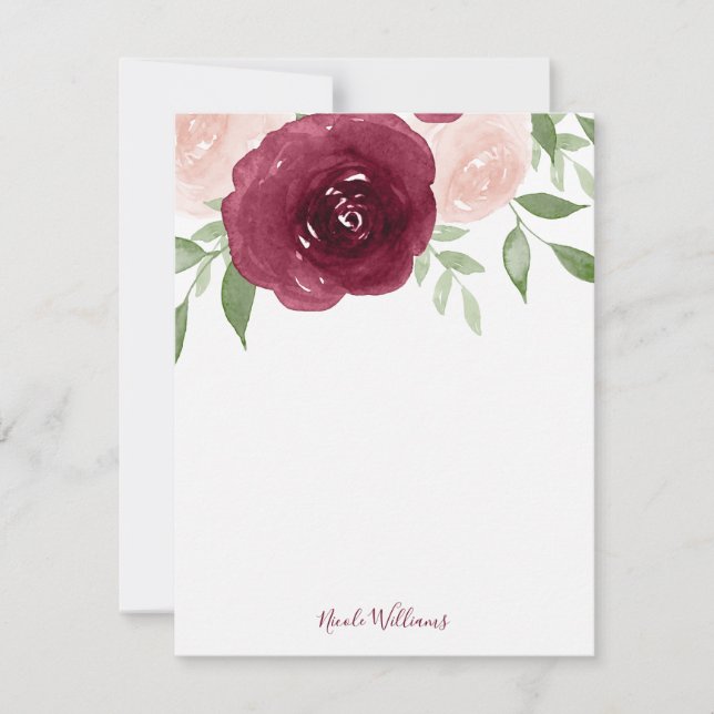 Burgundy Watercolor Floral Personalized Note Card (Front)