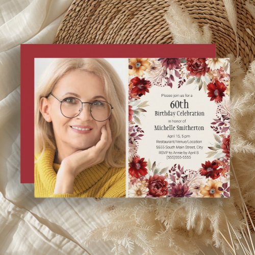 Burgundy Watercolor Floral Photo 60th Birthday Invitation