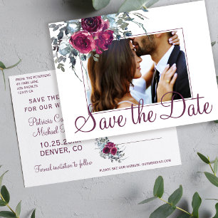 Burgundy watercolor floral photo save date wedding announcement postcard