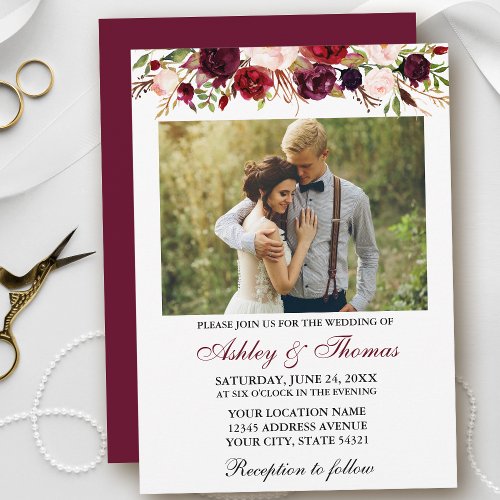 Burgundy Watercolor Floral Photo Wedding Invitation