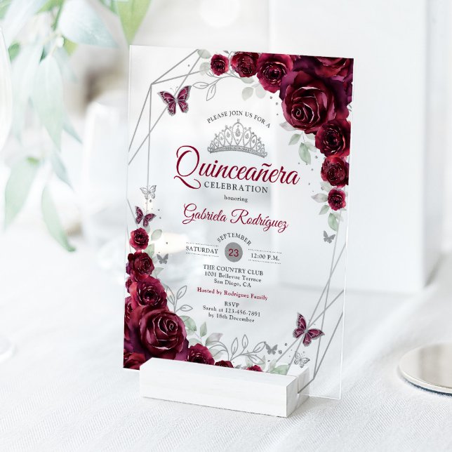 Burgundy Watercolor Floral Quinceanera Acrylic Invitations (Creator Uploaded)