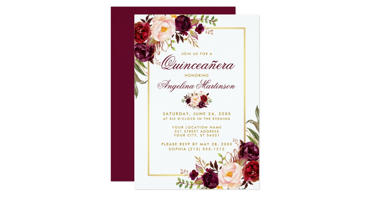 Burgundy Watercolor Floral Quinceanera Gold Invitation | Zazzle.com