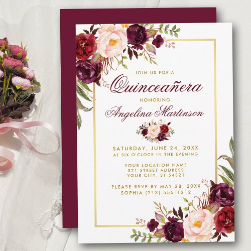 Burgundy Watercolor Floral Quinceanera Gold Invitation